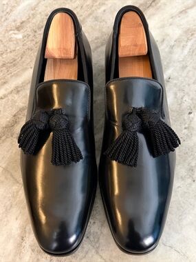 Jimmy Choo Foxley Black Tassel Polished Black Leather Loafers 46 / 13 Tux Formal